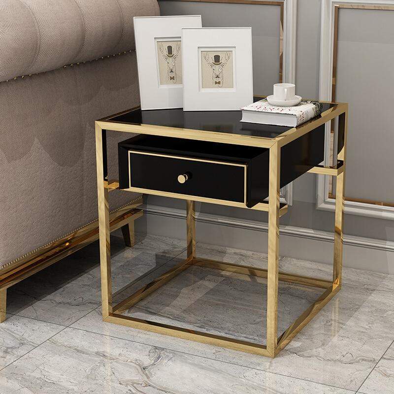 Modern Luxurious Black Square Side Table 1 Drawer End Table Stainless Steel in Gold-Richsoul-End & Side Tables,Furniture,Living Room Furniture