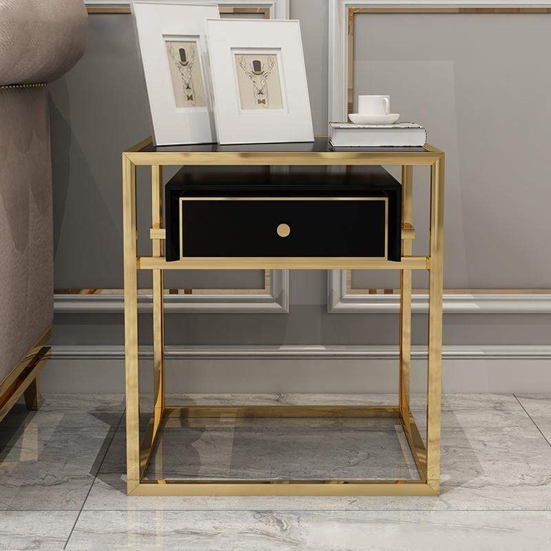Modern Luxurious Black Square Side Table 1 Drawer End Table Stainless Steel in Gold-Richsoul-End & Side Tables,Furniture,Living Room Furniture