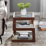 Modern Glass Side Table with 3 Tiers S-shaped End Table in Walnut-Richsoul-End & Side Tables,Furniture,Living Room Furniture