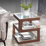 Modern Glass Side Table with 3 Tiers S-shaped End Table in Walnut-Richsoul-End & Side Tables,Furniture,Living Room Furniture