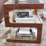 Modern Glass Side Table with 3 Tiers S-shaped End Table in Walnut-Richsoul-End & Side Tables,Furniture,Living Room Furniture
