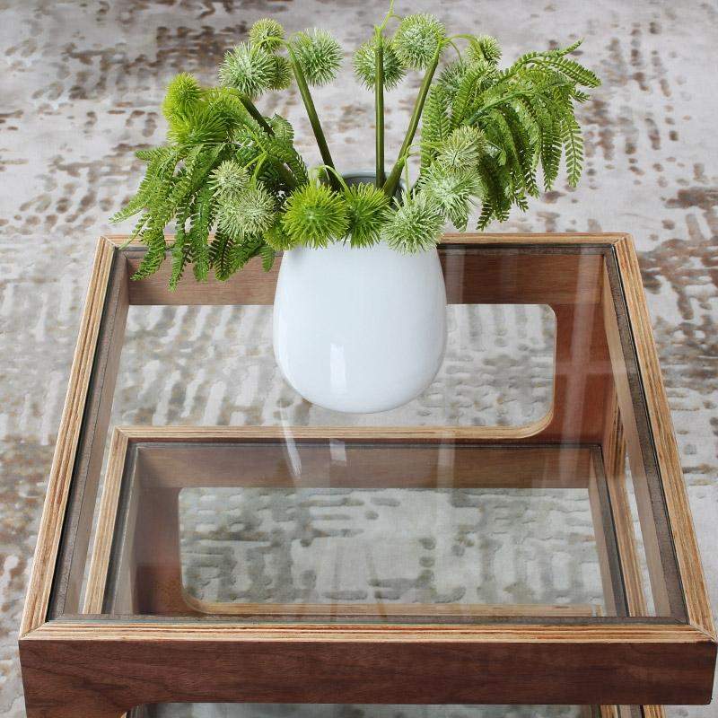 Modern Glass Side Table with 3 Tiers S-shaped End Table in Walnut-Richsoul-End & Side Tables,Furniture,Living Room Furniture