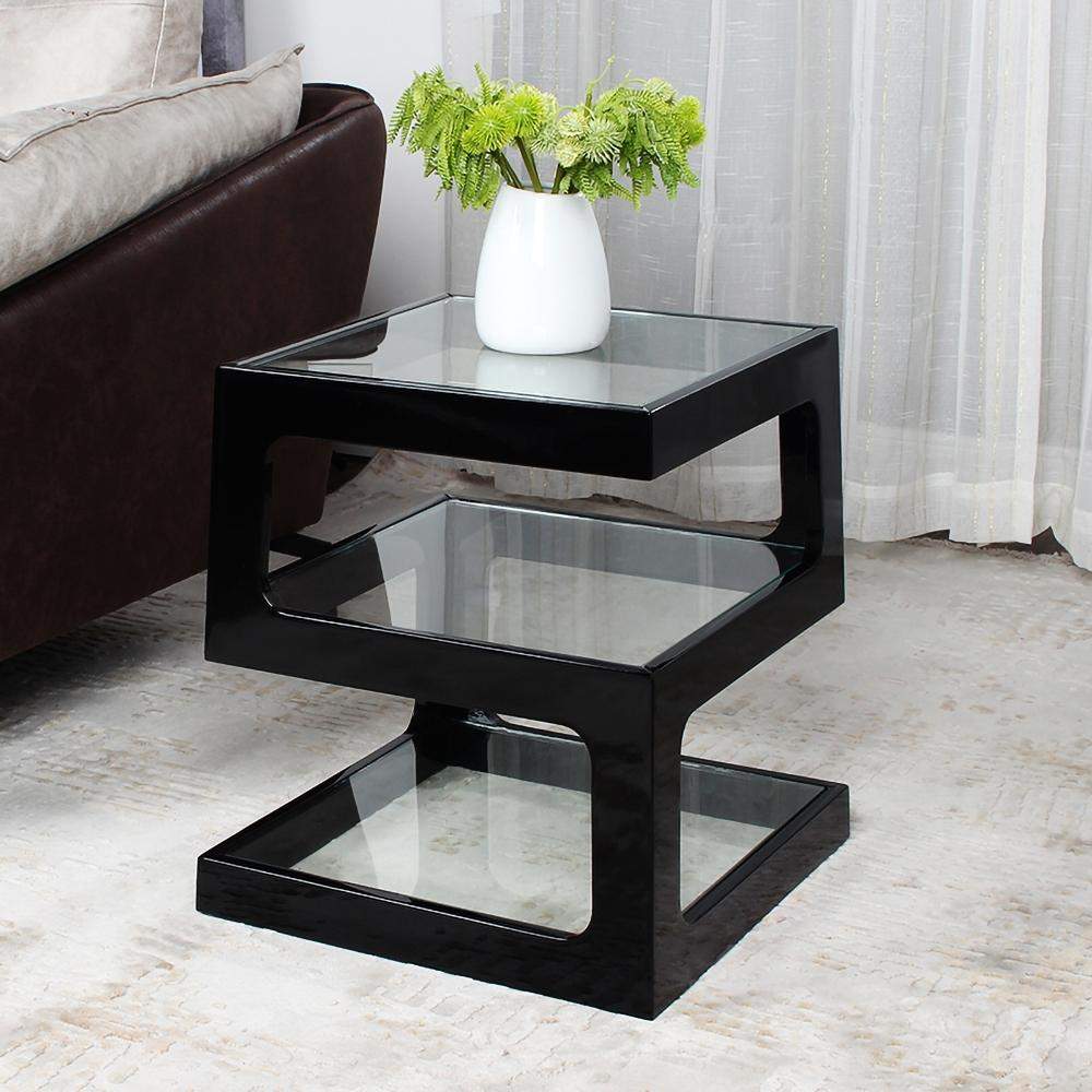 Modern Glass Side Table with 3 Tiers S-shaped End Table in Walnut-Richsoul-End & Side Tables,Furniture,Living Room Furniture