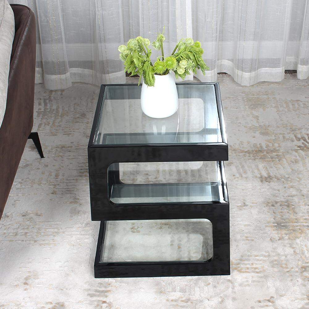 Modern Glass Side Table with 3 Tiers S-shaped End Table in Walnut-Richsoul-End & Side Tables,Furniture,Living Room Furniture