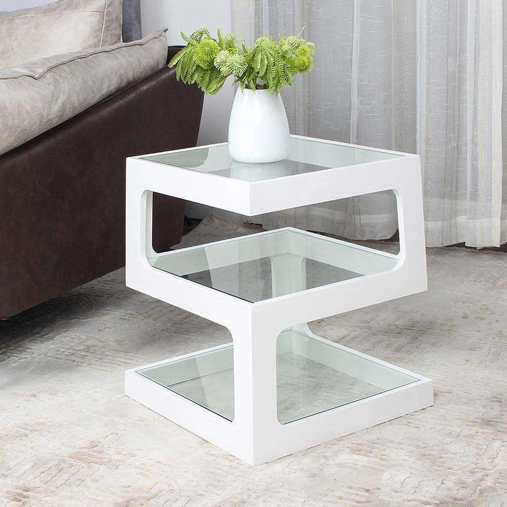 Modern Glass Side Table with 3 Tiers S-shaped End Table in Walnut-Richsoul-End & Side Tables,Furniture,Living Room Furniture