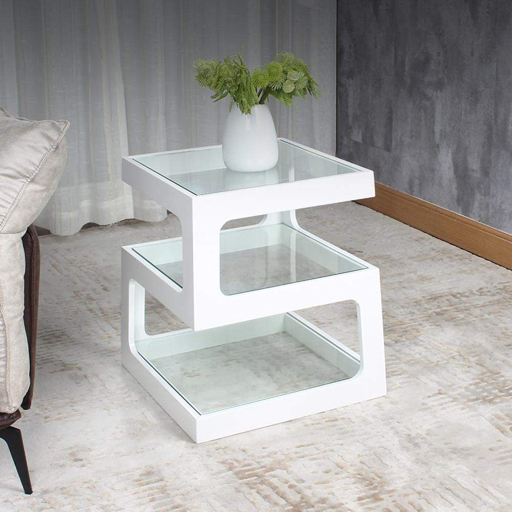 Modern Glass Side Table with 3 Tiers S-shaped End Table in Walnut-Richsoul-End & Side Tables,Furniture,Living Room Furniture