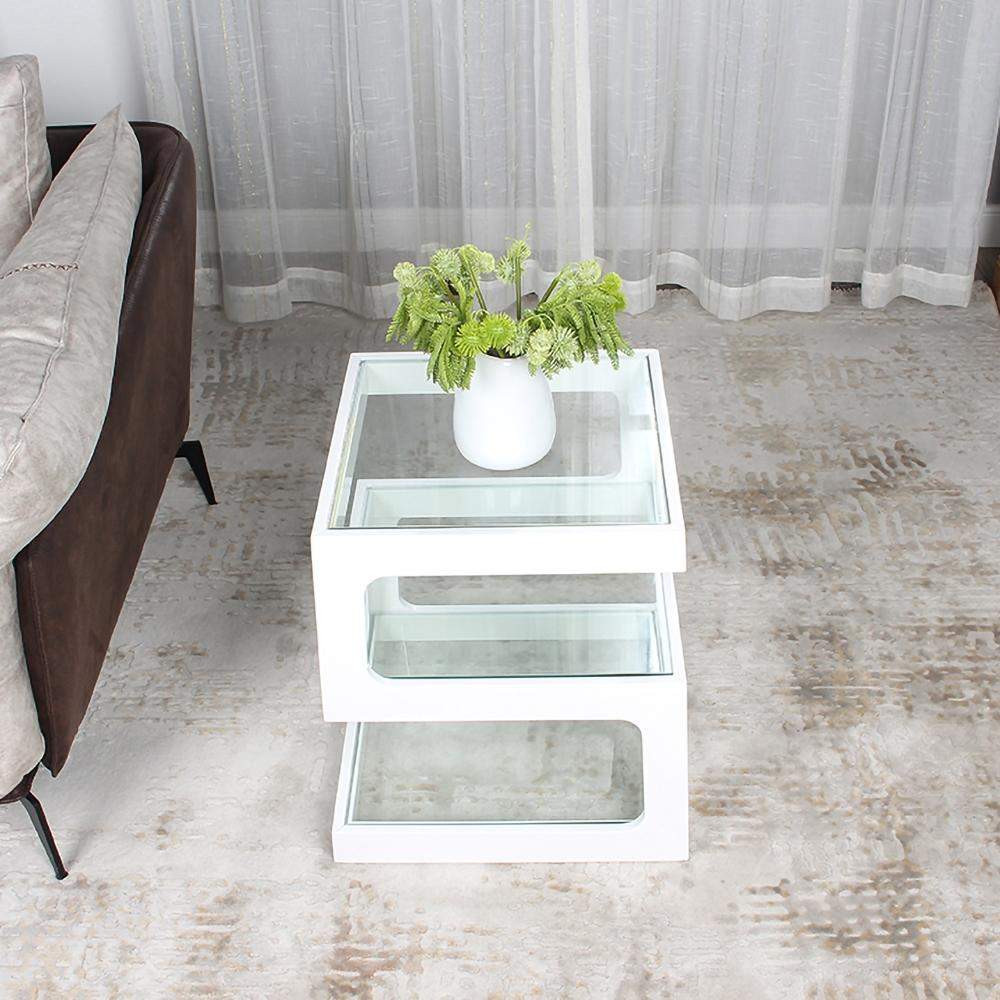 Modern Glass Side Table with 3 Tiers S-shaped End Table in Walnut-Richsoul-End & Side Tables,Furniture,Living Room Furniture