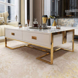 Jocise Contemporary White Rectangular Coffee Table with Drawers Lacquer Gold Base