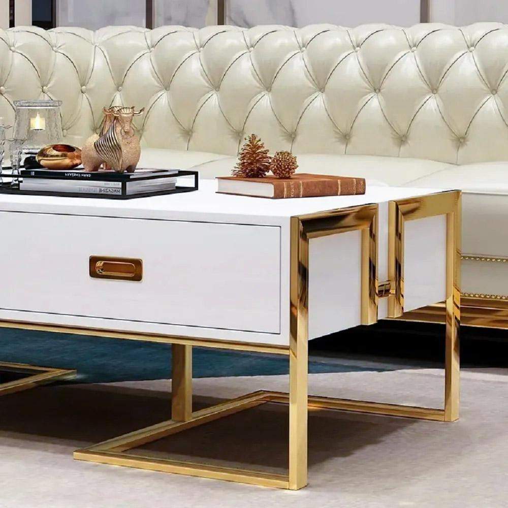 Jocise Contemporary White Rectangular Coffee Table with Drawers Lacquer Gold Base-Richsoul-Coffee Tables,Furniture,Living Room Furniture