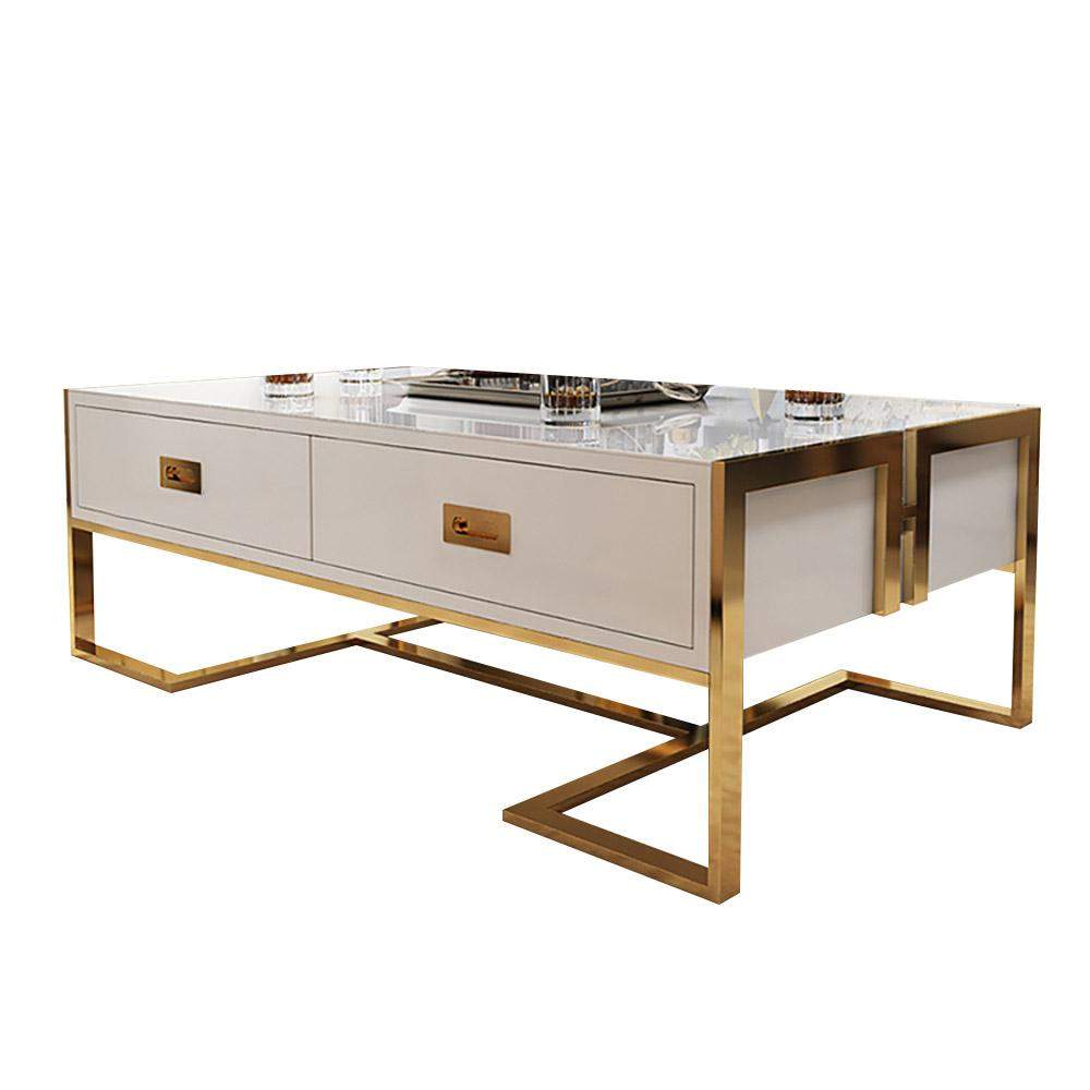 Jocise Contemporary White Rectangular Coffee Table with Drawers Lacquer Gold Base-Richsoul-Coffee Tables,Furniture,Living Room Furniture