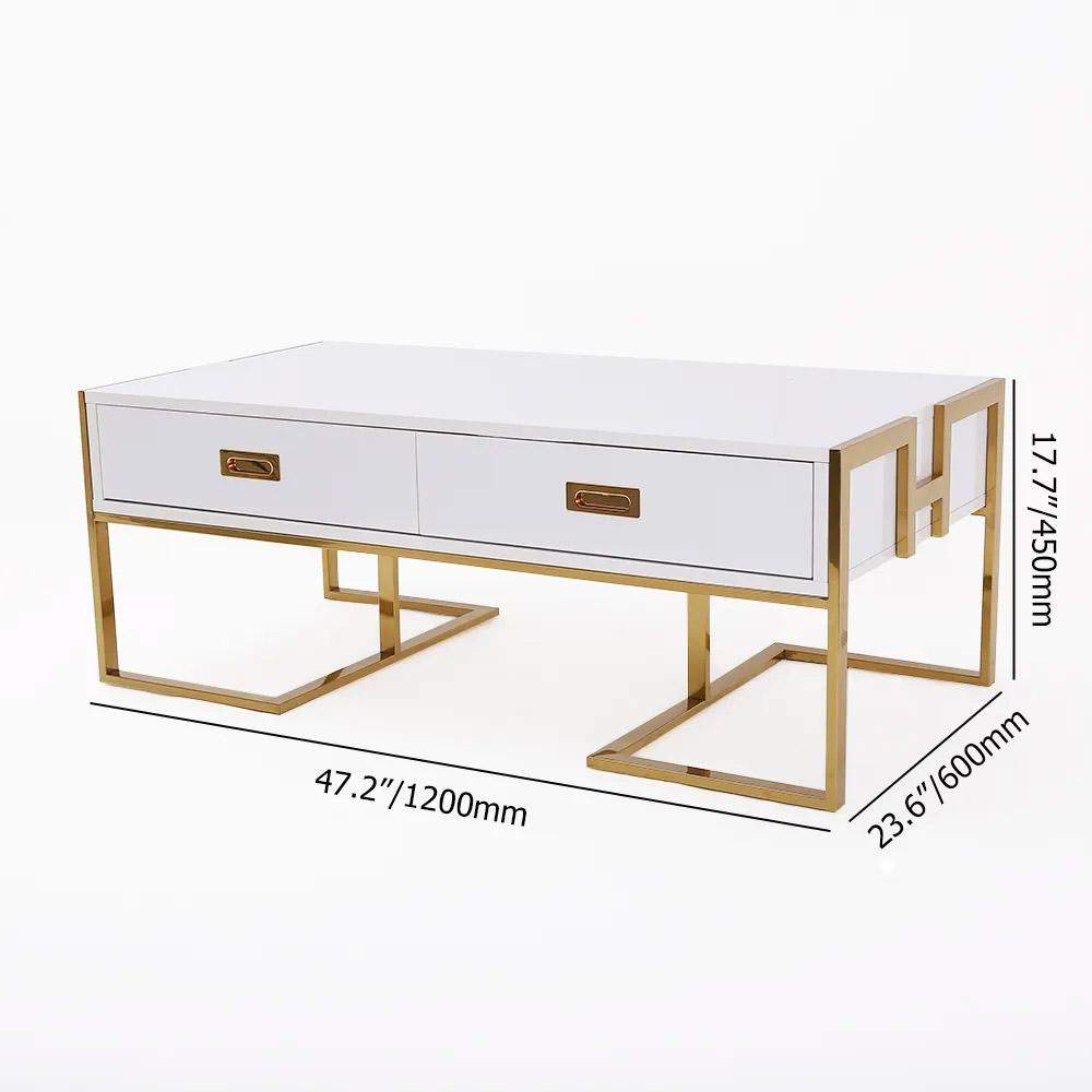 Jocise Contemporary White Rectangular Coffee Table with Drawers Lacquer Gold Base-Richsoul-Coffee Tables,Furniture,Living Room Furniture