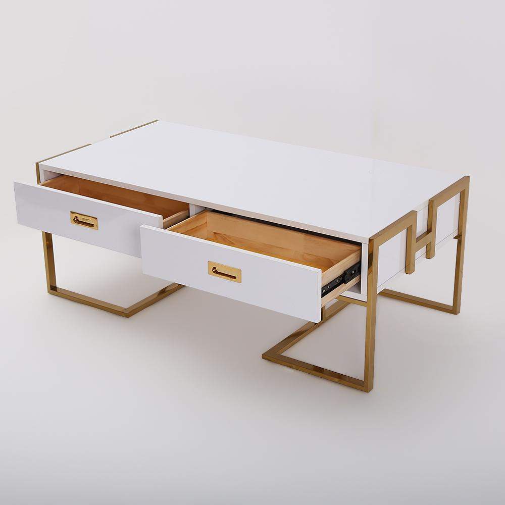 Jocise Contemporary White Rectangular Coffee Table with Drawers Lacquer Gold Base-Richsoul-Coffee Tables,Furniture,Living Room Furniture