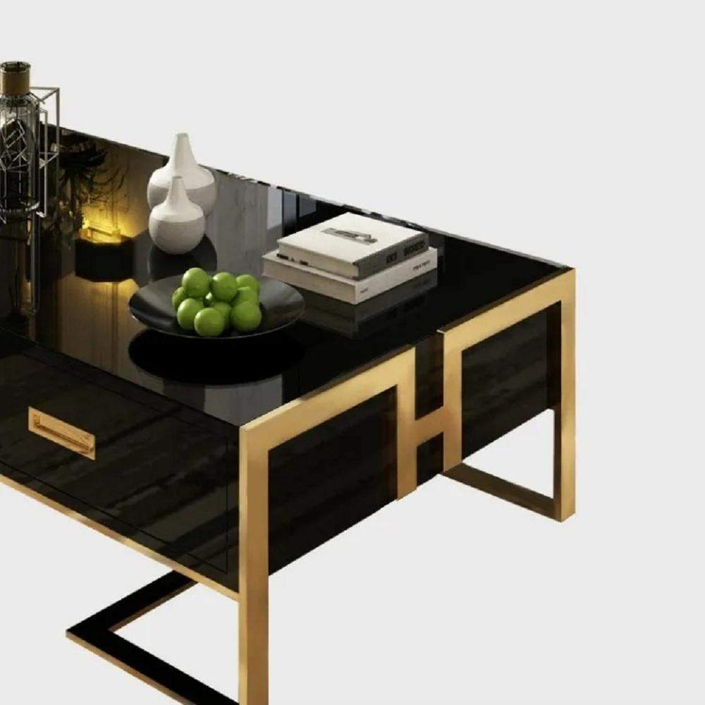 Jocise Contemporary White Rectangular Coffee Table with Drawers Lacquer Gold Base-Richsoul-Coffee Tables,Furniture,Living Room Furniture