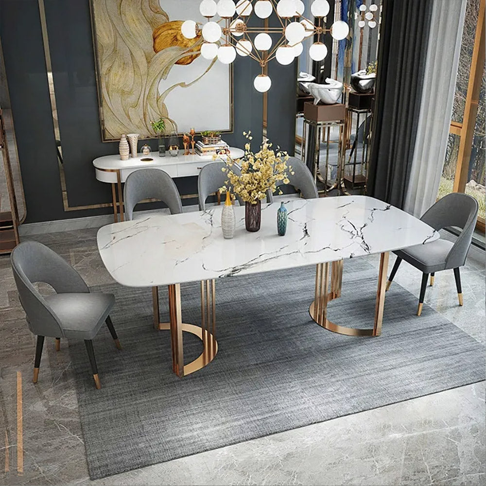 79" Faux Marble Dining Table Gold Rectangular Top Stainless Steel Base