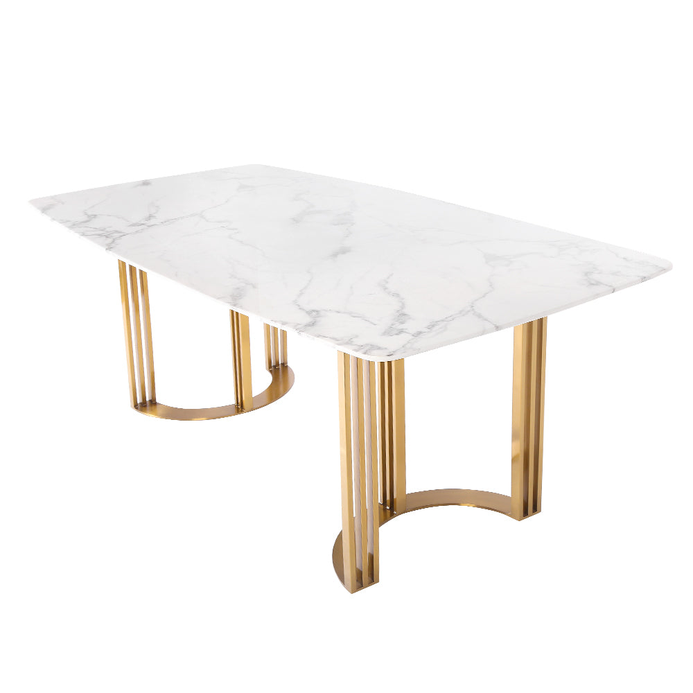 79" Faux Marble Dining Table Gold Rectangular Top Stainless Steel Base