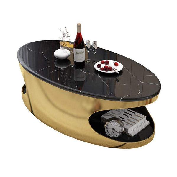 Oval Black Faux Marble Gold Coffee Table with Storage Stainless Steel ...