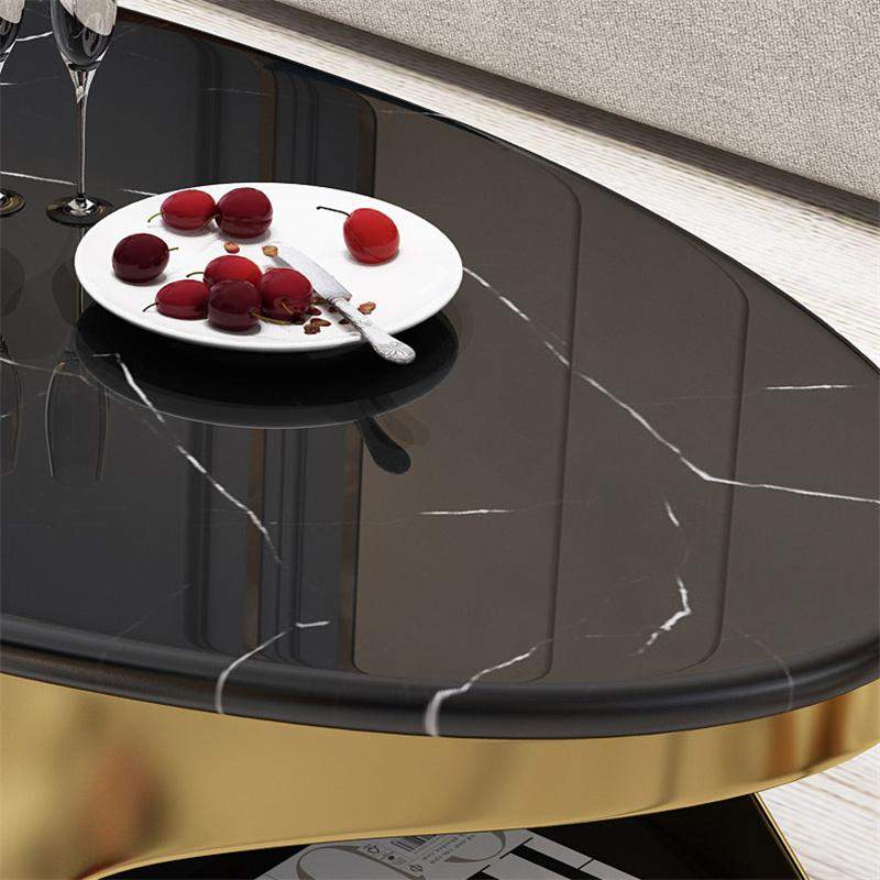 Oval Black Faux Marble Gold Coffee Table with Storage Stainless Steel Modern Accent Table-Richsoul-Coffee Tables,Furniture,Living Room Furniture