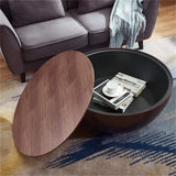 Round Drum Coffee Table with Storage Walnut Bowl Shaped Coffee Table Style A-Richsoul-Coffee Tables,Furniture,Living Room Furniture