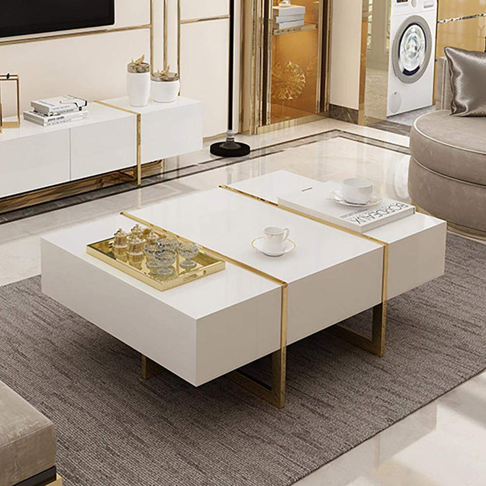 White Rectangular Coffee Table with Stainless Steel Base & Storage-Richsoul-Coffee Tables,Furniture,Living Room Furniture