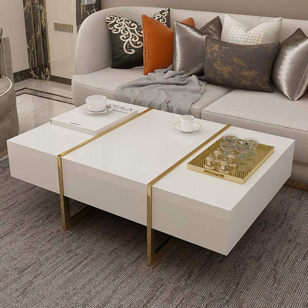 White Rectangular Coffee Table with Stainless Steel Base & Storage-Richsoul-Coffee Tables,Furniture,Living Room Furniture