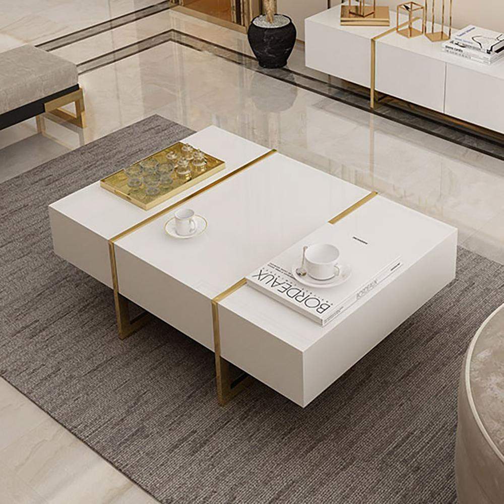 White Rectangular Coffee Table with Stainless Steel Base & Storage-Richsoul-Coffee Tables,Furniture,Living Room Furniture