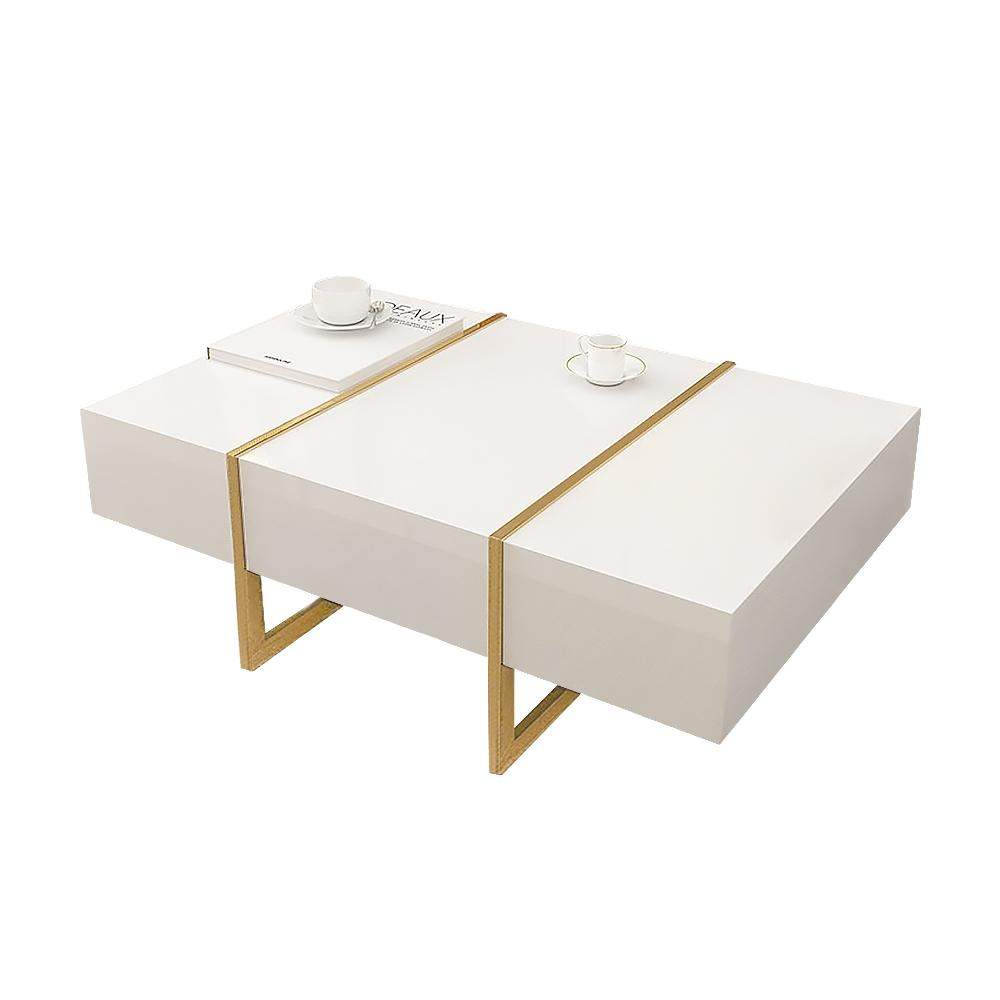 White Rectangular Coffee Table with Stainless Steel Base & Storage-Richsoul-Coffee Tables,Furniture,Living Room Furniture