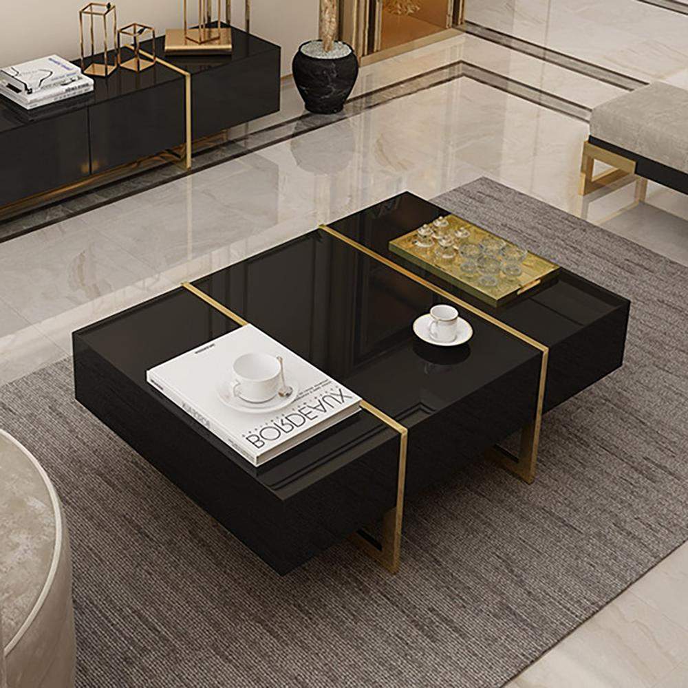White Rectangular Coffee Table with Stainless Steel Base & Storage-Richsoul-Coffee Tables,Furniture,Living Room Furniture