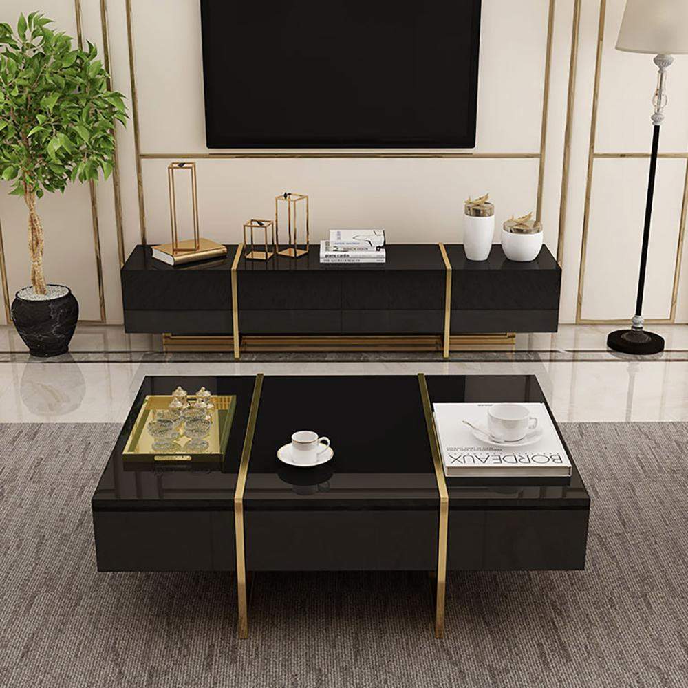 White Rectangular Coffee Table with Stainless Steel Base & Storage-Richsoul-Coffee Tables,Furniture,Living Room Furniture