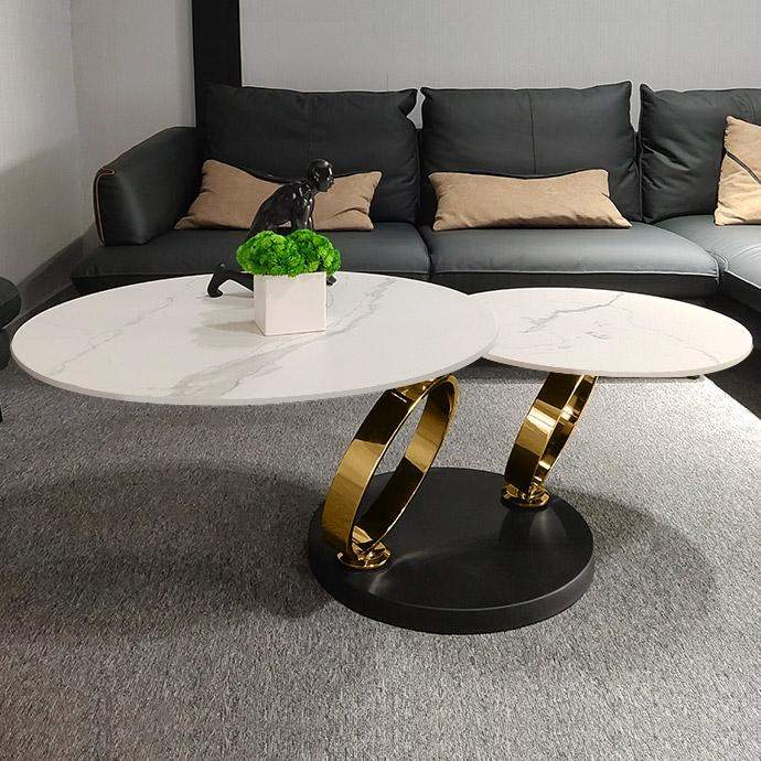 White Extendable Coffee Table with Ring-shaped Metal Pedestal-Richsoul-Coffee Tables,Furniture,Living Room Furniture