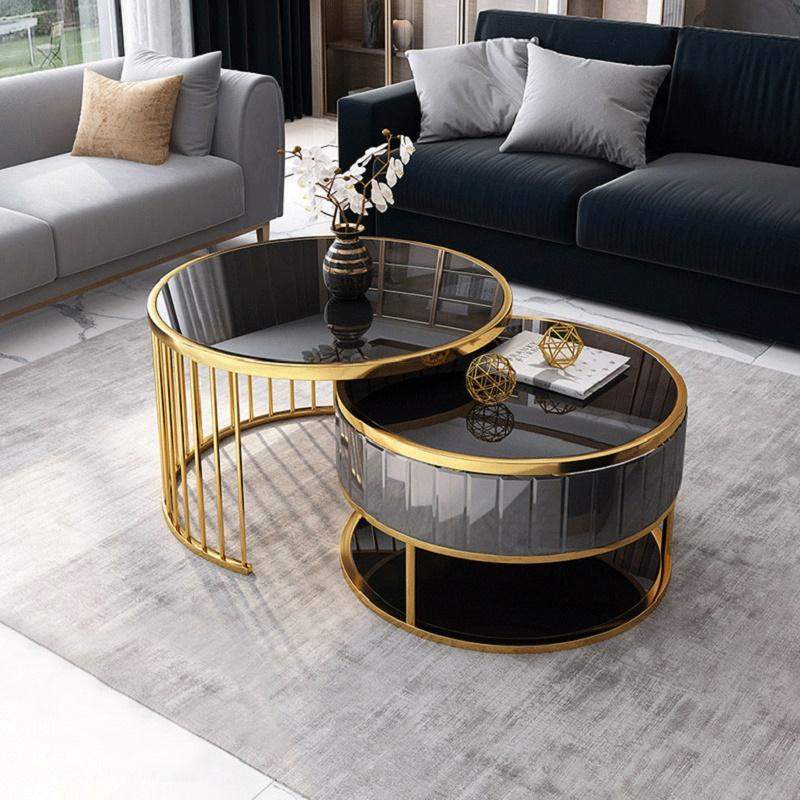 Modern Round Gold & Gray Nesting Coffee Table with Shelf Tempered Glass Top 2 Piece Set-Richsoul-Coffee Tables,Furniture,Living Room Furniture