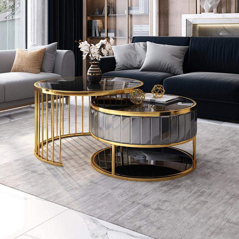 Modern Round Gold & Gray Nesting Coffee Table with Shelf Tempered Glass Top 2 Piece Set-Richsoul-Coffee Tables,Furniture,Living Room Furniture