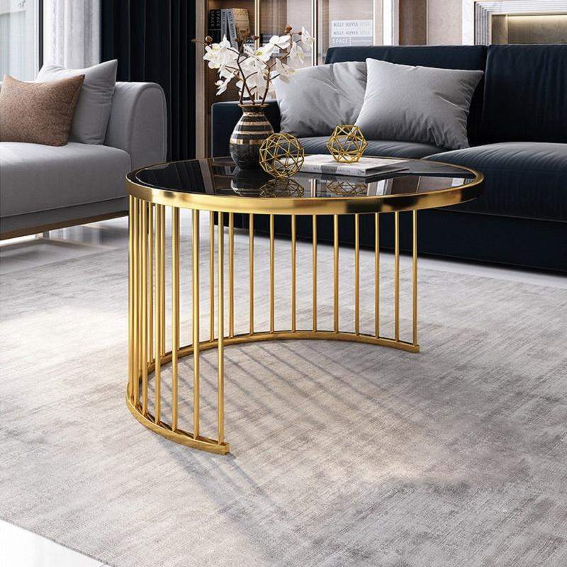 Modern Round Gold & Gray Nesting Coffee Table with Shelf Tempered Glass Top 2 Piece Set-Richsoul-Coffee Tables,Furniture,Living Room Furniture