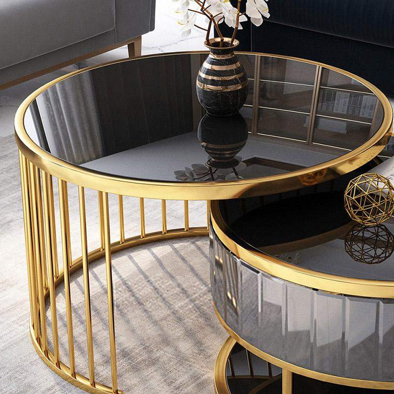 Modern Round Gold & Gray Nesting Coffee Table with Shelf Tempered Glass Top 2 Piece Set-Richsoul-Coffee Tables,Furniture,Living Room Furniture