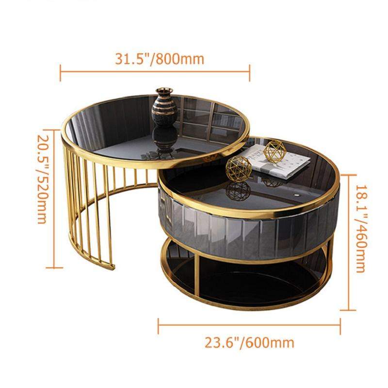 Modern Round Gold & Gray Nesting Coffee Table with Shelf Tempered Glass Top 2 Piece Set-Richsoul-Coffee Tables,Furniture,Living Room Furniture