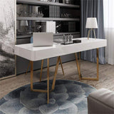 2-Drawers White Office Desk 55" Modern Writing Desk Gold Tripod Base Stainless Steel-Desks,Furniture,Office Furniture