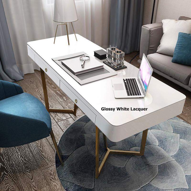 2-Drawers White Office Desk 55" Modern Writing Desk Gold Tripod Base Stainless Steel-Desks,Furniture,Office Furniture