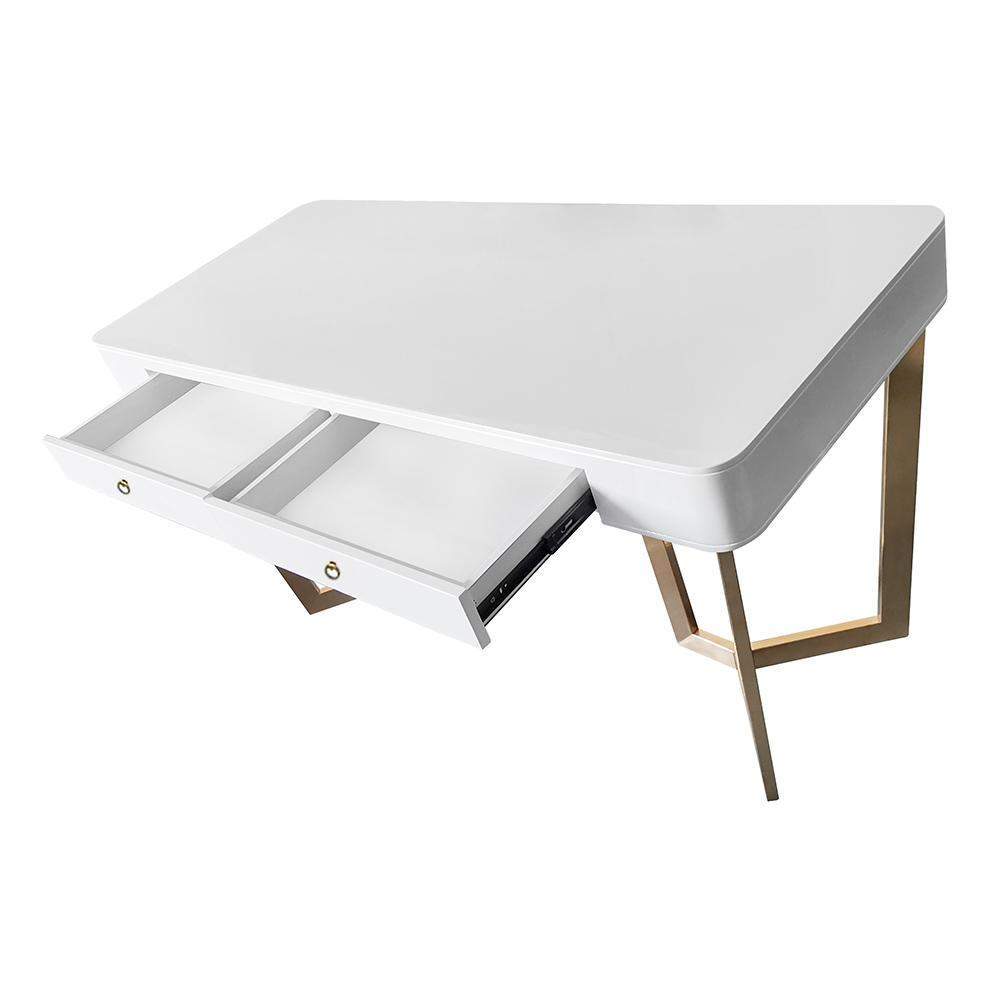 2-Drawers White Office Desk 55" Modern Writing Desk Gold Tripod Base Stainless Steel-Desks,Furniture,Office Furniture