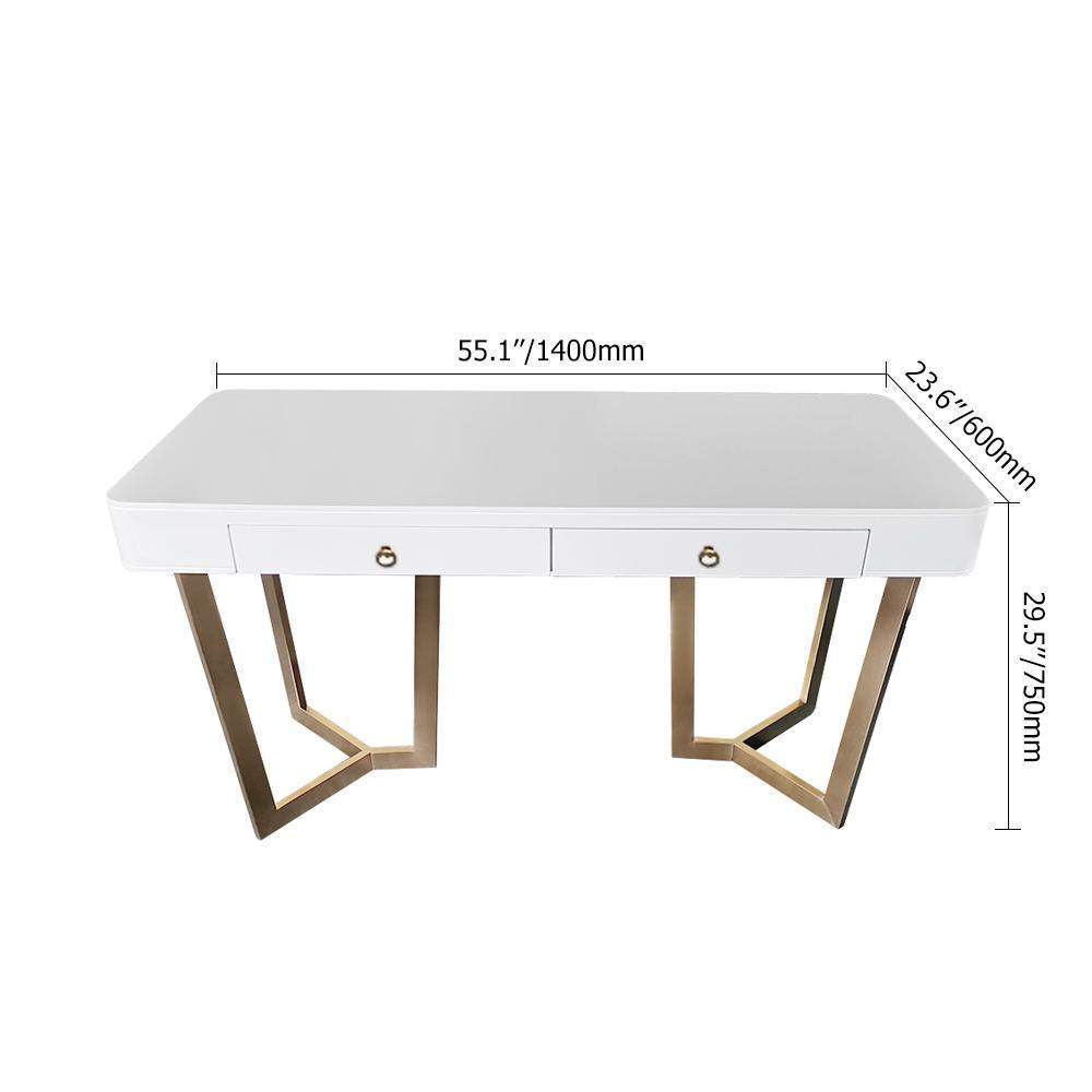 2-Drawers White Office Desk 55" Modern Writing Desk Gold Tripod Base Stainless Steel-Desks,Furniture,Office Furniture