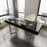 2-Drawers White Office Desk 55" Modern Writing Desk Gold Tripod Base Stainless Steel-Desks,Furniture,Office Furniture