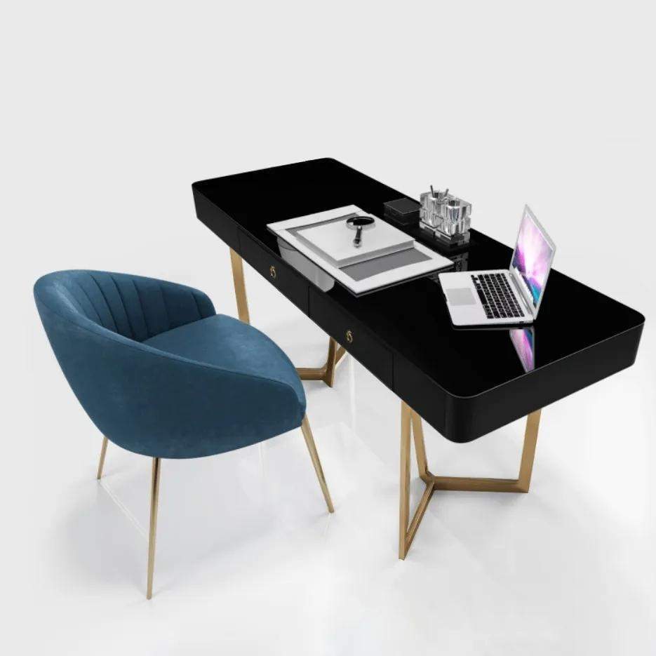 2-Drawers White Office Desk 55" Modern Writing Desk Gold Tripod Base Stainless Steel-Desks,Furniture,Office Furniture