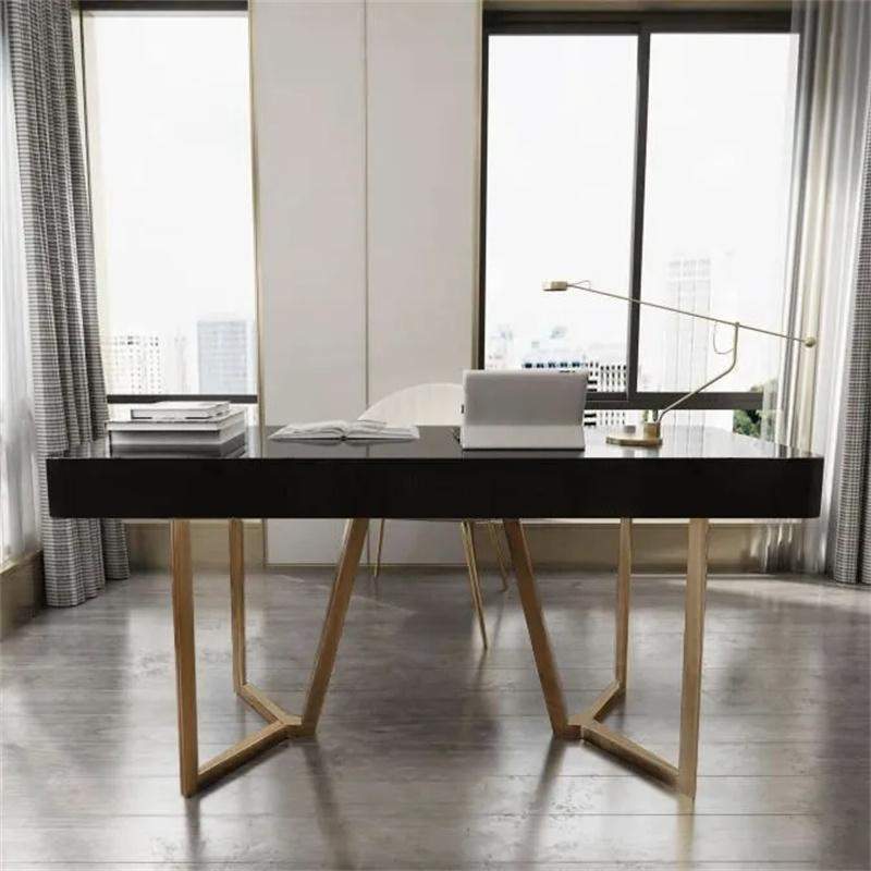 2-Drawers White Office Desk 55" Modern Writing Desk Gold Tripod Base Stainless Steel-Desks,Furniture,Office Furniture
