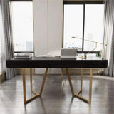 2-Drawers White Office Desk 55" Modern Writing Desk Gold Tripod Base Stainless Steel-Desks,Furniture,Office Furniture