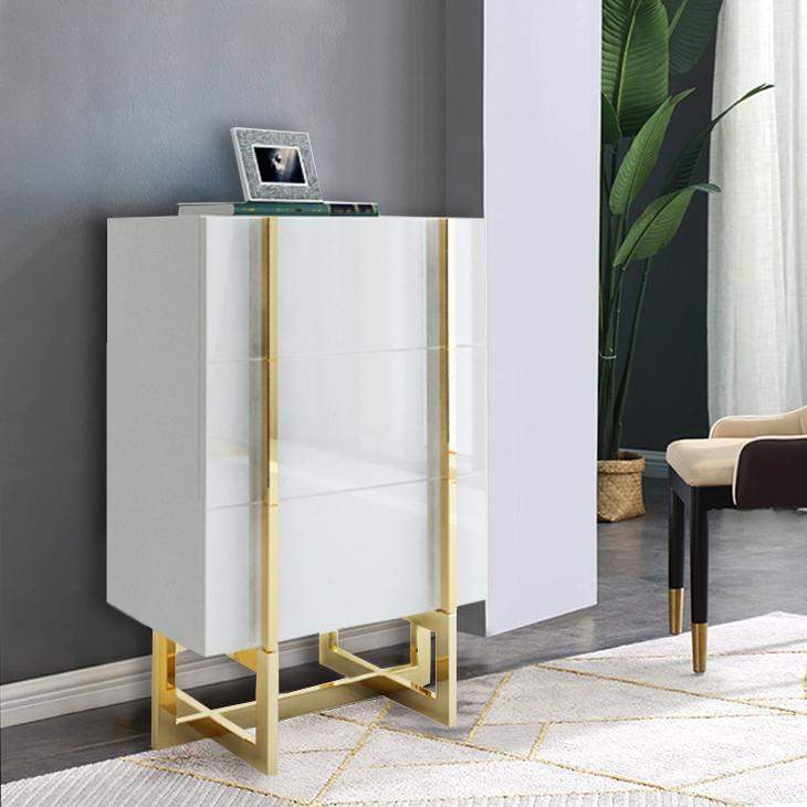 White 3 Drawers Chest Modern Accent Cabinet for Storage Stainless Steel Gold-Richsoul-Cabinets & Chests,Furniture,Living Room Furniture