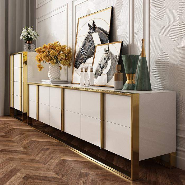 Zack White 78" TV Stand Modern Gold Media Console with 6-Drawer & Glass Top-Richsoul-Furniture,Living Room Furniture,TV Stands