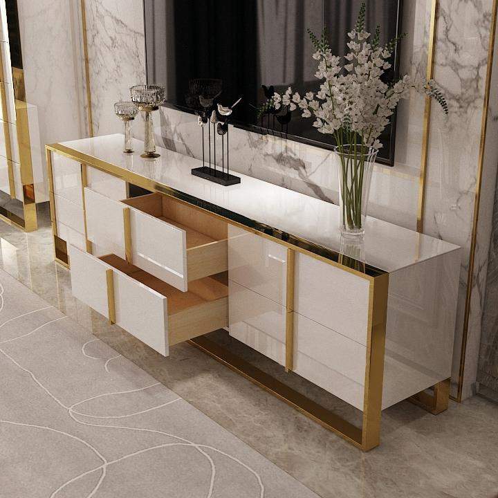 Zack White 78" TV Stand Modern Gold Media Console with 6-Drawer & Glass Top-Richsoul-Furniture,Living Room Furniture,TV Stands