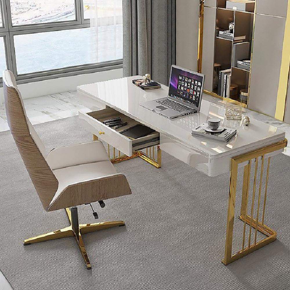 47" Glossy White Writing Desk with Drawer Modern Office Desk Gold Base-Desks,Furniture,Office Furniture