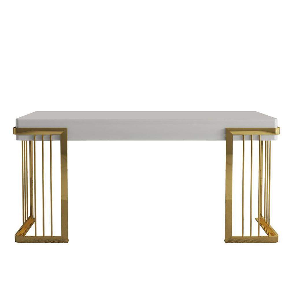 47" Glossy White Writing Desk with Drawer Modern Office Desk Gold Base-Desks,Furniture,Office Furniture