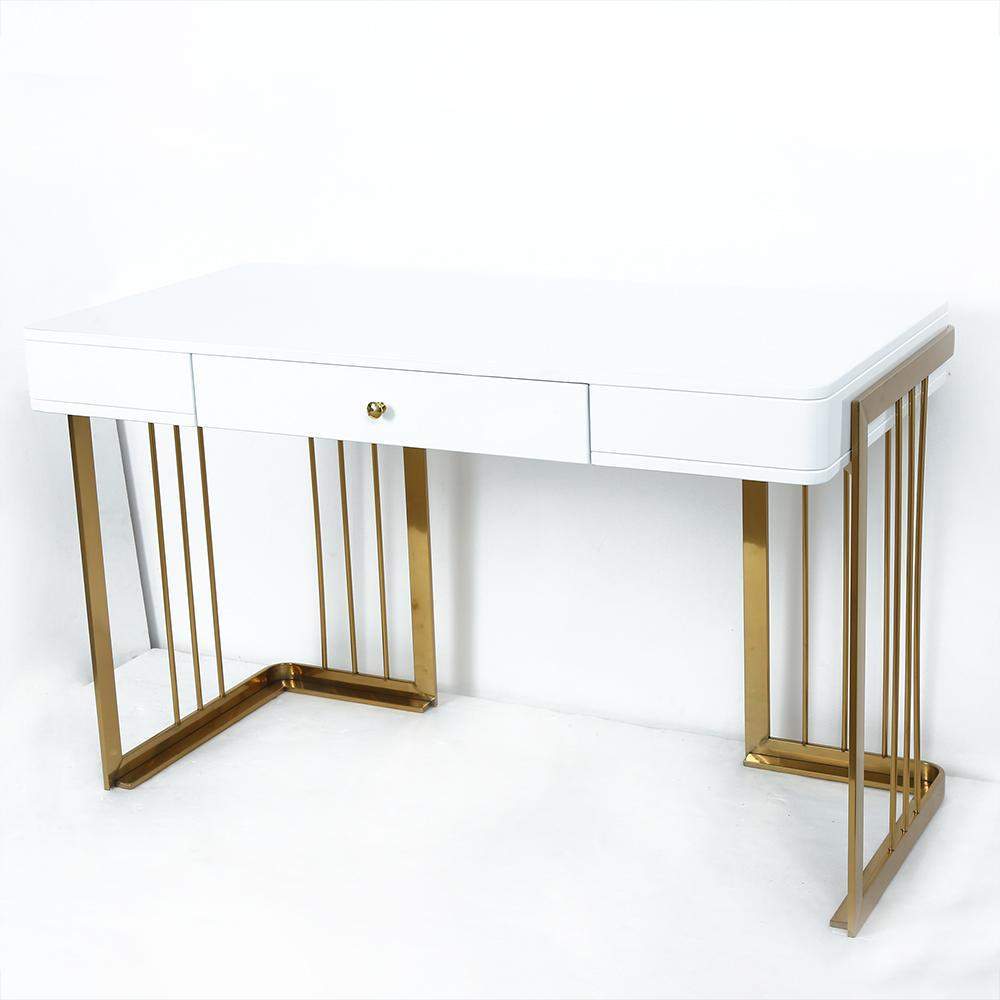 47" Glossy White Writing Desk with Drawer Modern Office Desk Gold Base-Desks,Furniture,Office Furniture