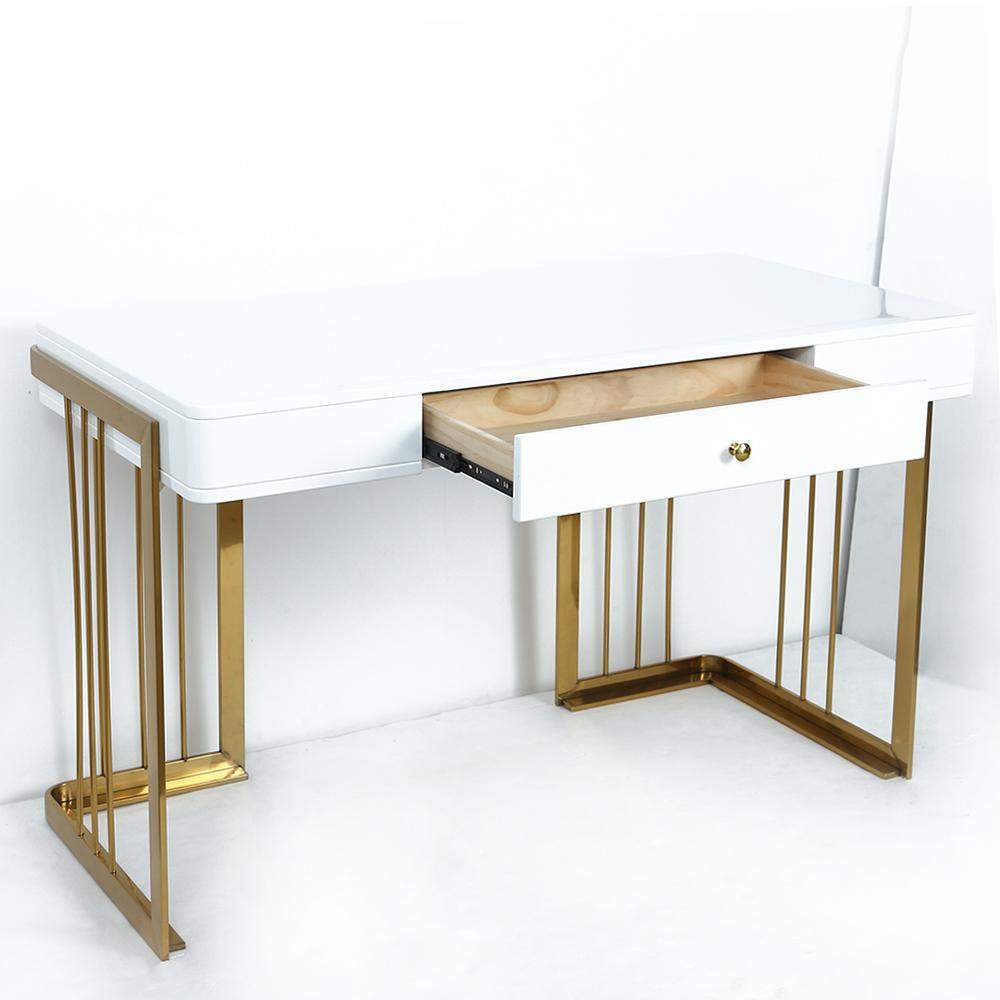 47" Glossy White Writing Desk with Drawer Modern Office Desk Gold Base-Desks,Furniture,Office Furniture