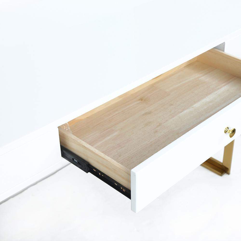 47" Glossy White Writing Desk with Drawer Modern Office Desk Gold Base-Desks,Furniture,Office Furniture